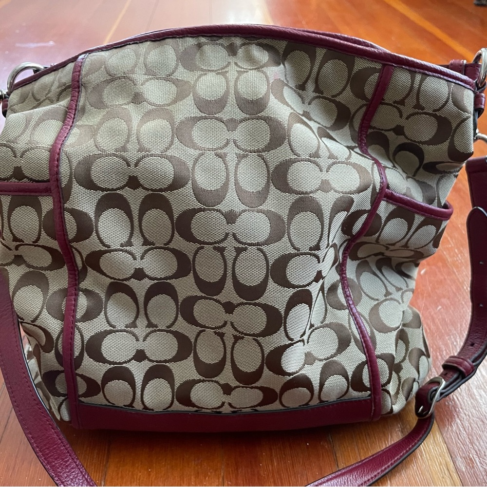 Coach Brown and Burgundy Canvas Shoulder Bag